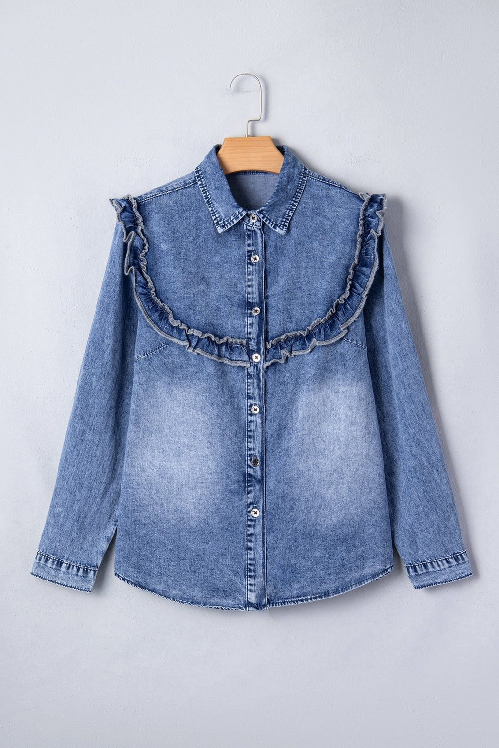 Denim Vintage Wash Ruffle Button-Down Shirt - Rooted & Reckless Co.