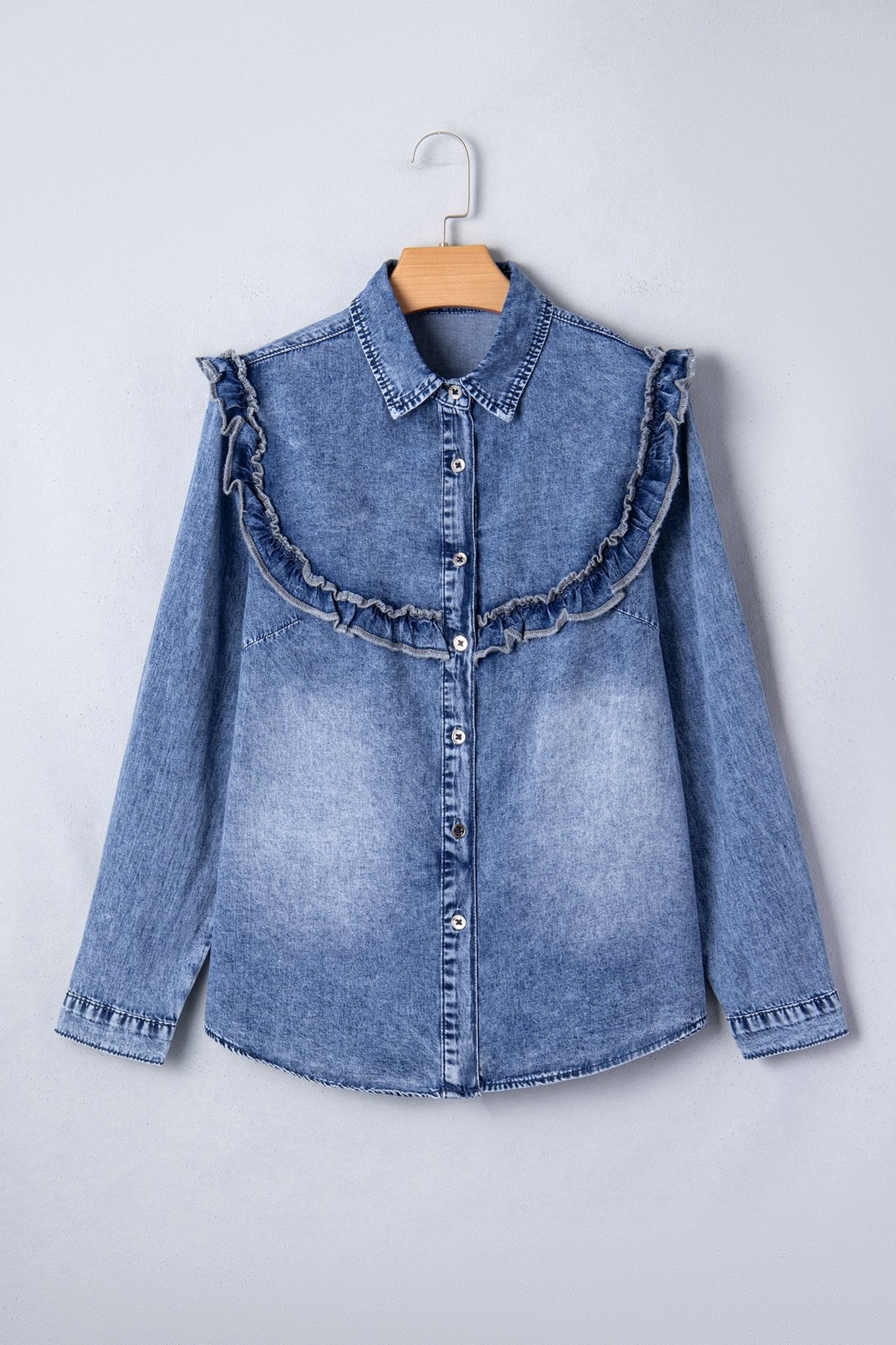 Denim Vintage Wash Ruffle Button-Down Shirt - Rooted & Reckless Co.
