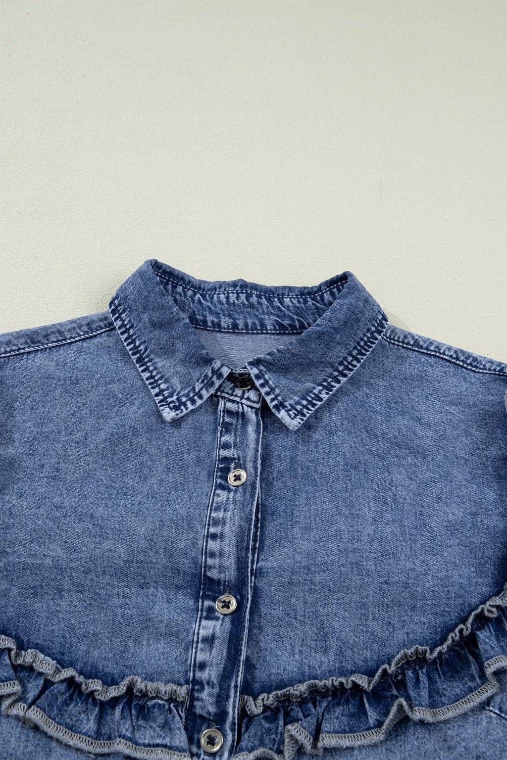 Denim Vintage Wash Ruffle Button-Down Shirt - Rooted & Reckless Co.