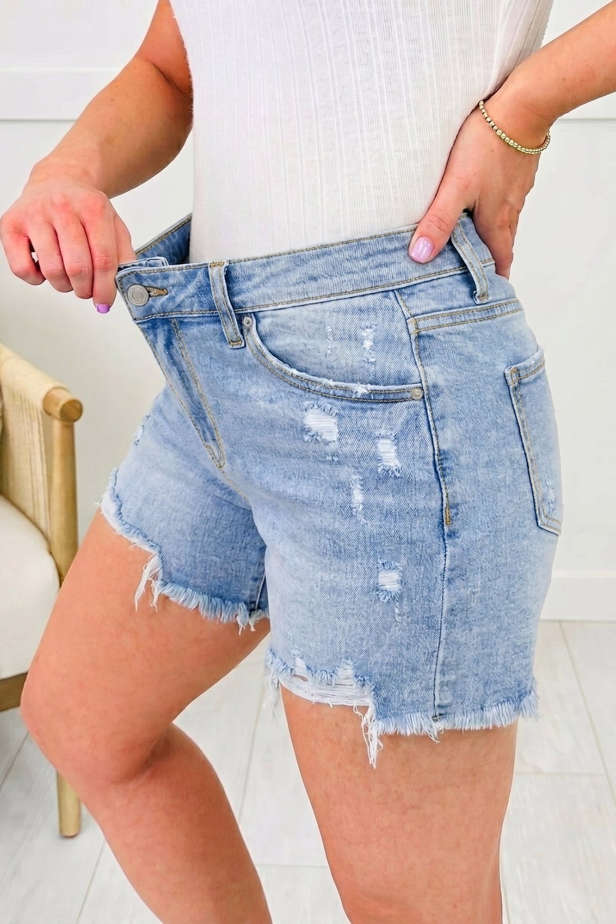 Distressed Denim Asymmetric Raw Hem Shorts - Rooted & Reckless Co.