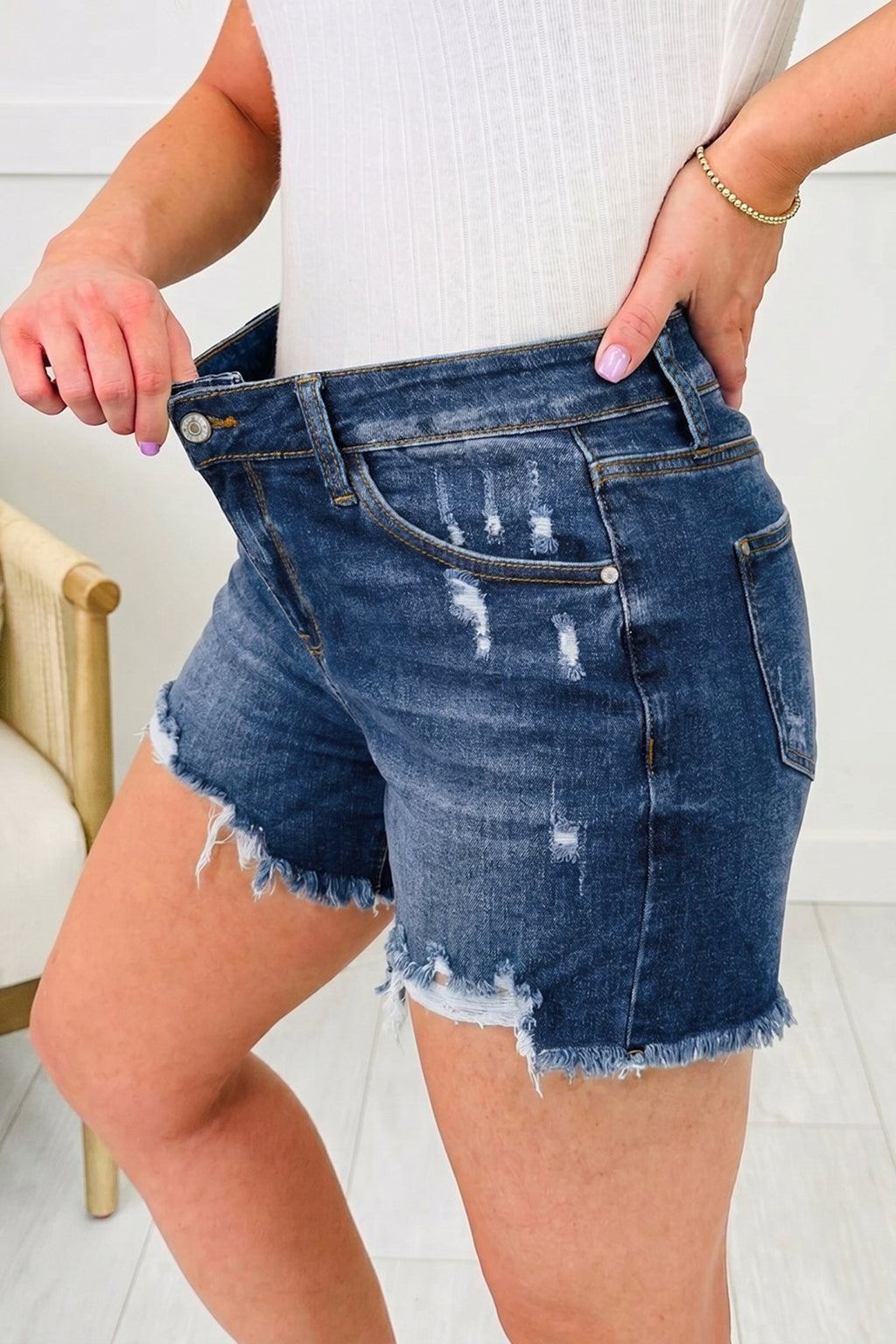 Distressed Denim Asymmetric Raw Hem Shorts - Rooted & Reckless Co.