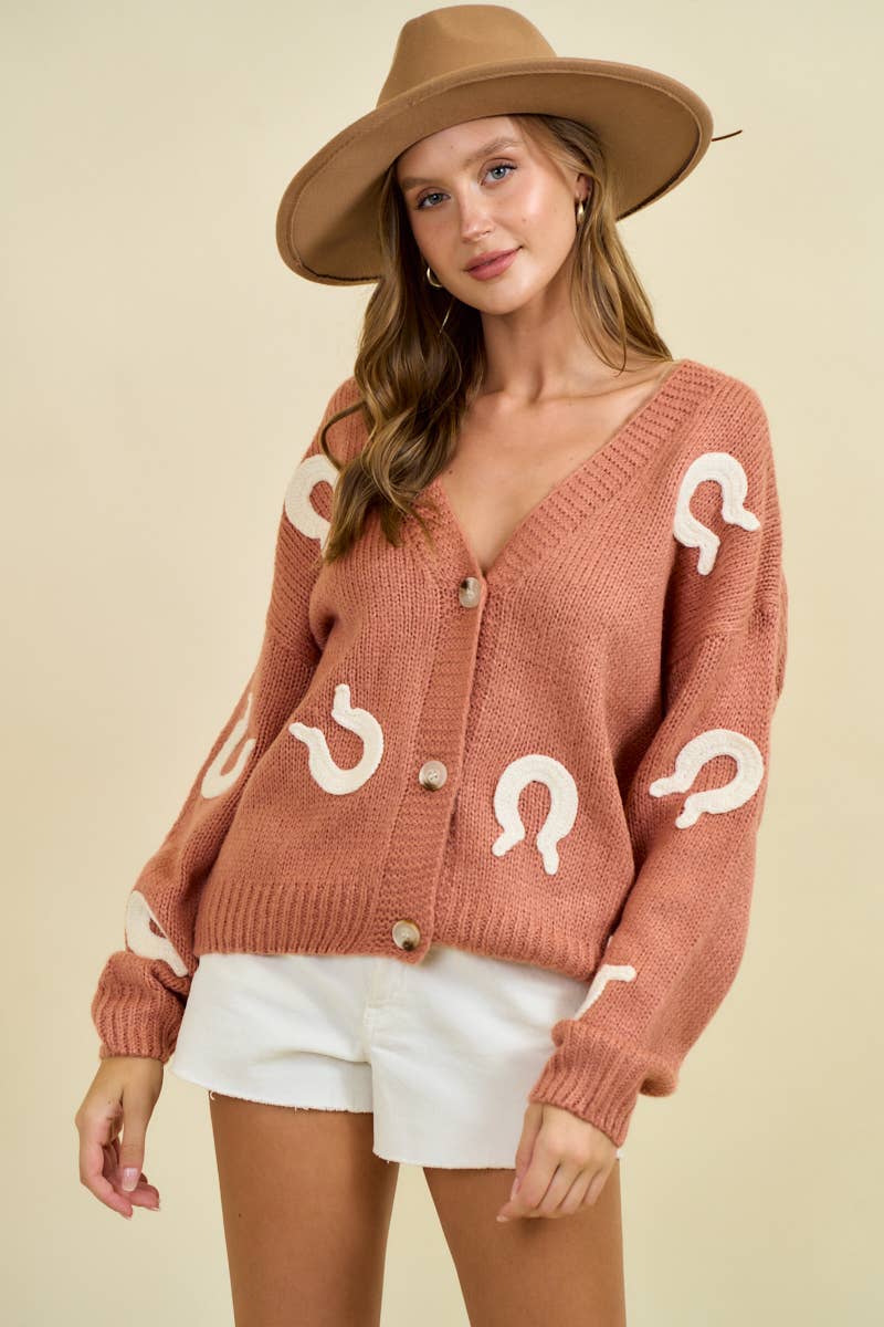 Doe and Rae Western Horseshoe Patch Cardigan — Chunky Knit with Oversized Horseshoe Patches & Button Front (small remains) - Rooted & Reckless Co.