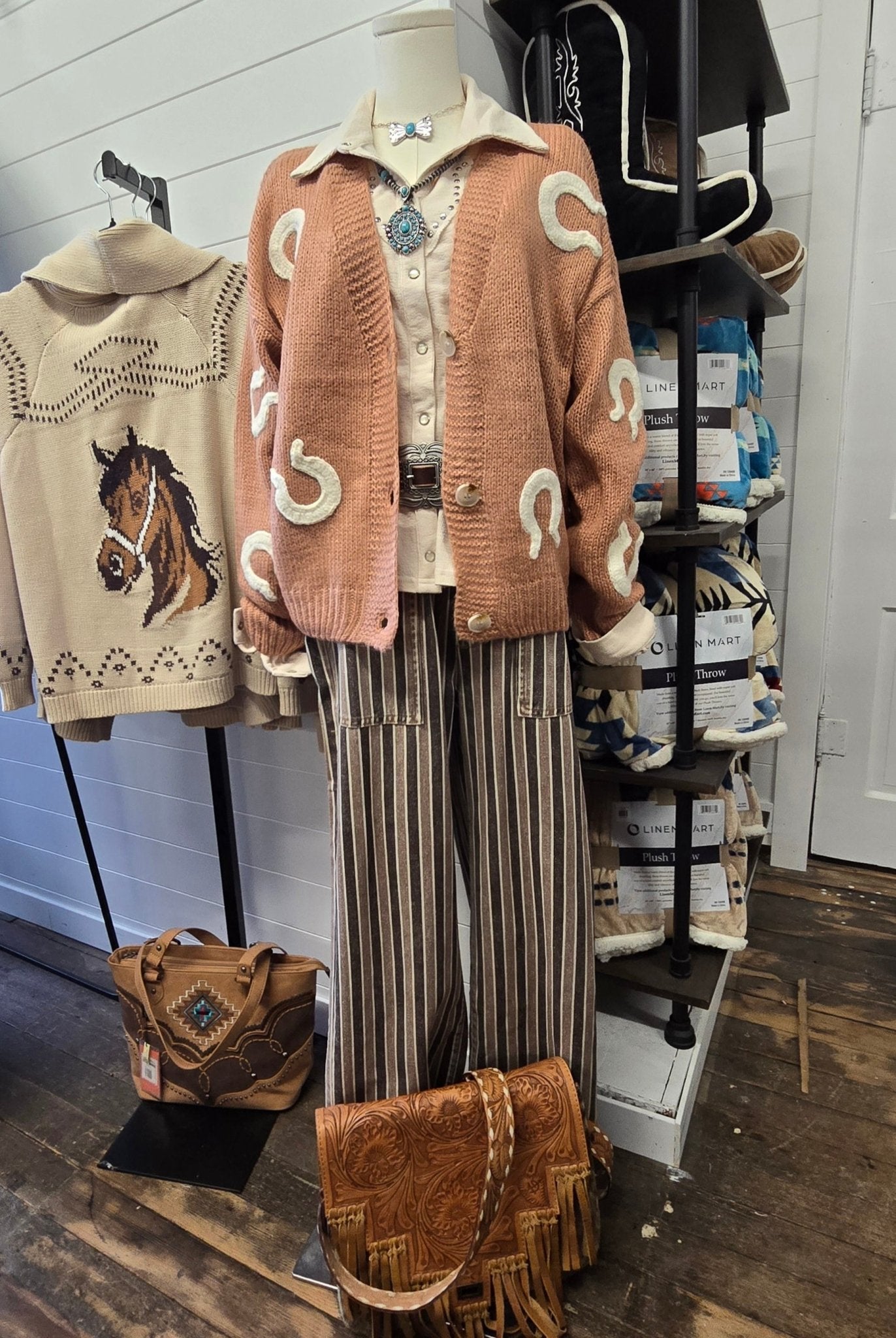 Doe and Rae Western Horseshoe Patch Cardigan — Chunky Knit with Oversized Horseshoe Patches & Button Front (small remains) - Rooted & Reckless Co.