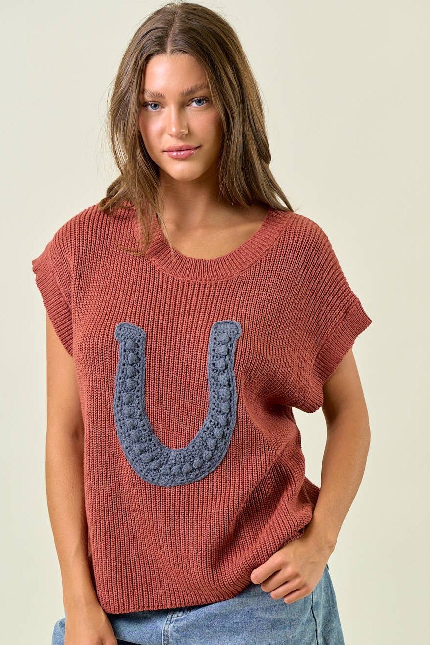 Doe and Rae Western Horseshoe Sweater Vest — Plush Ribbed Knit with Bold Horseshoe Embellishment - Rooted & Reckless Co.