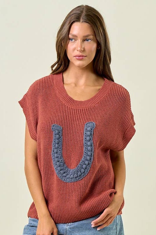 Doe and Rae Western Horseshoe Sweater Vest — Plush Ribbed Knit with Bold Horseshoe Embellishment - Rooted & Reckless Co.