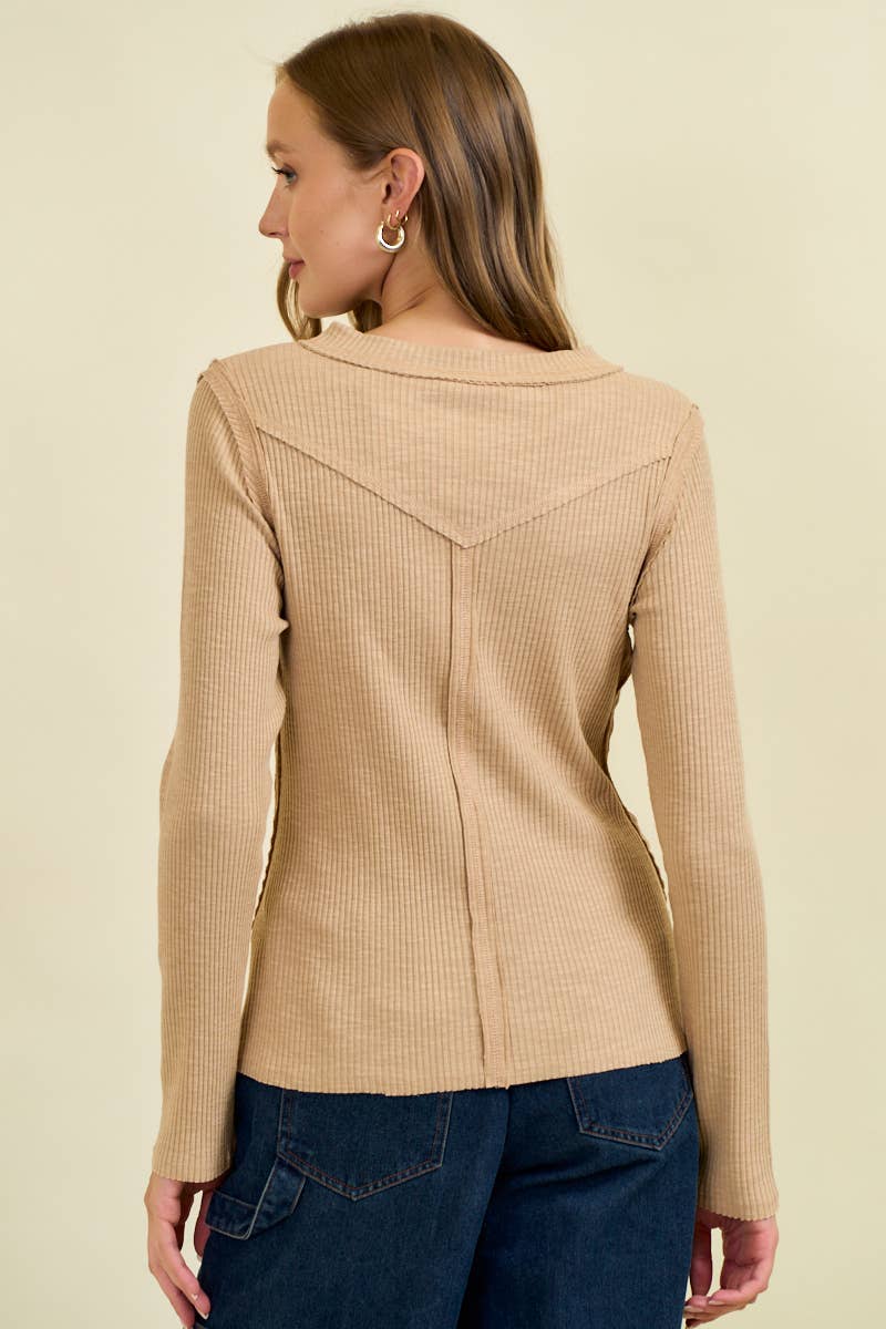 Doe and Rae Western Yoke Ribbed Long-Sleeve Tee — Cinnamon or Acorn Stretch Knit with Exposed Seams - Rooted & Reckless Co.
