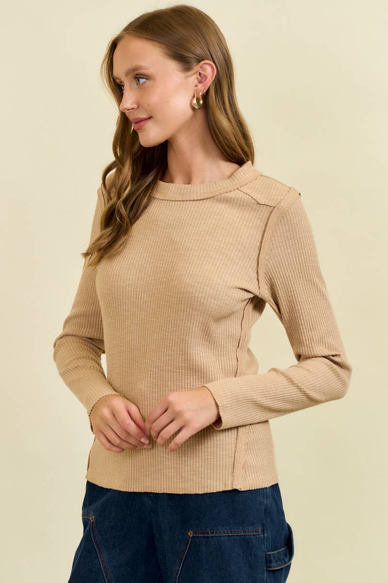 Doe and Rae Western Yoke Ribbed Long-Sleeve Tee — Cinnamon or Acorn Stretch Knit with Exposed Seams - Rooted & Reckless Co.