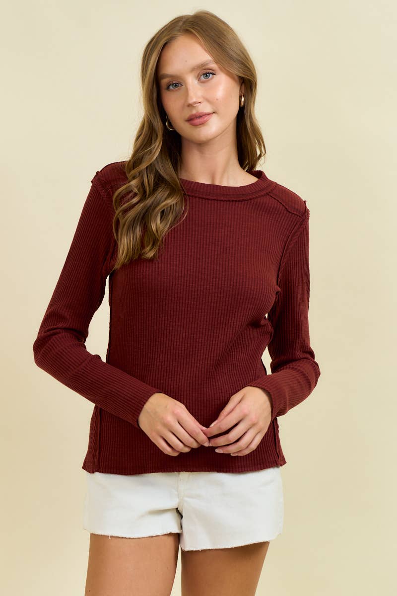 Doe and Rae Western Yoke Ribbed Long-Sleeve Tee — Cinnamon or Acorn Stretch Knit with Exposed Seams - Rooted & Reckless Co.