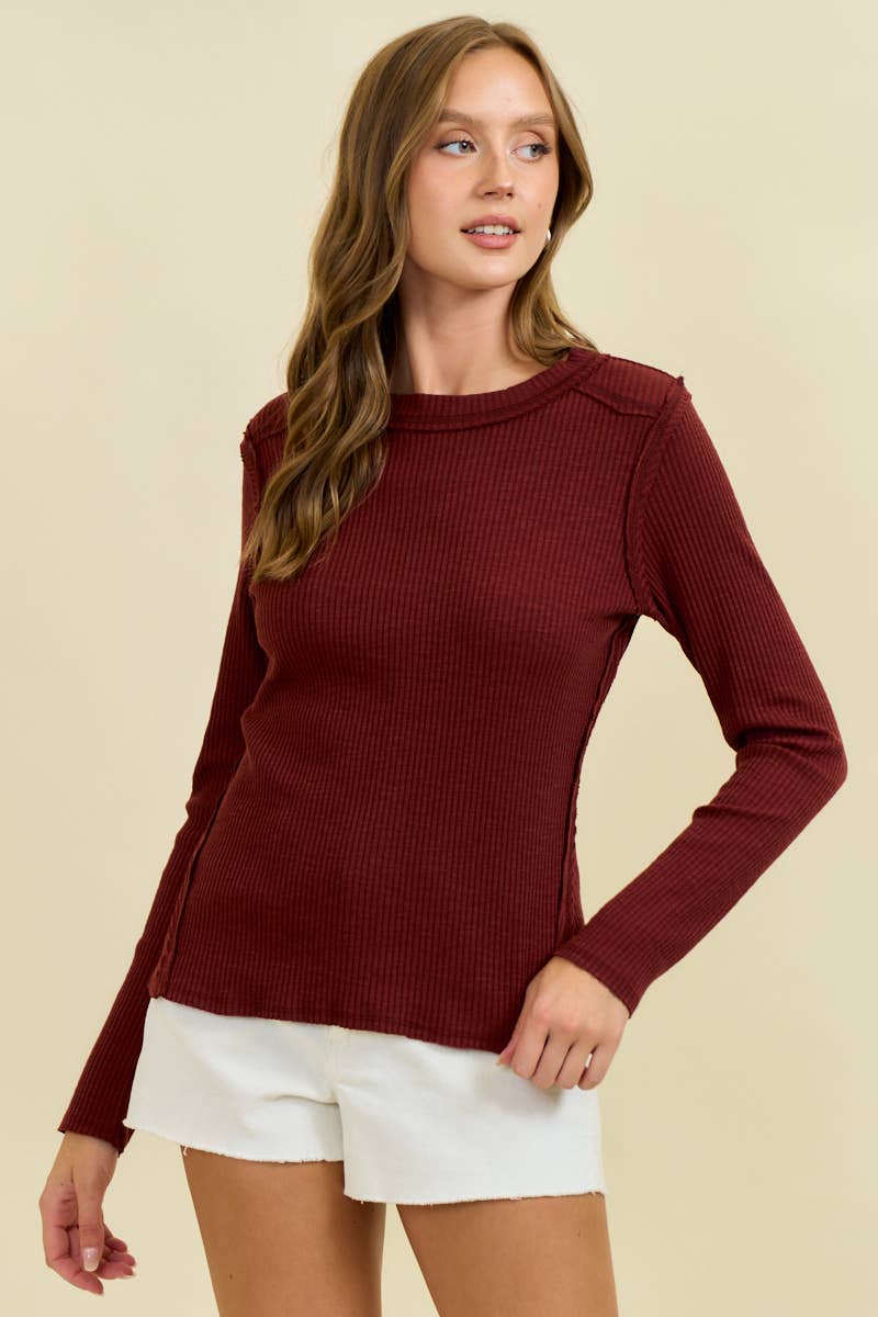 Doe and Rae Western Yoke Ribbed Long-Sleeve Tee — Cinnamon or Acorn Stretch Knit with Exposed Seams - Rooted & Reckless Co.