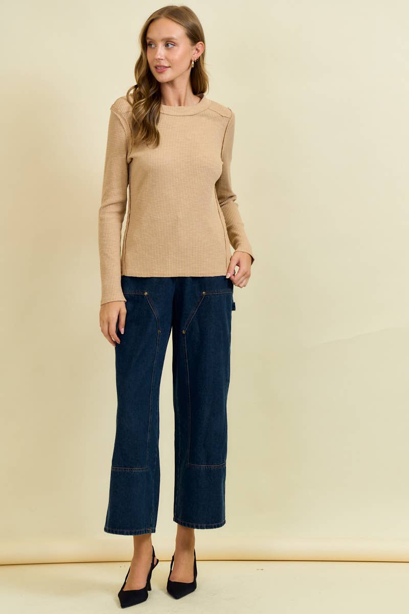 Doe and Rae Western Yoke Ribbed Long-Sleeve Tee — Cinnamon or Acorn Stretch Knit with Exposed Seams - Rooted & Reckless Co.