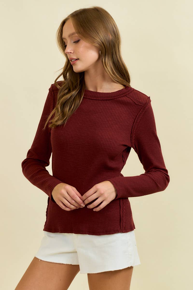 Doe and Rae Western Yoke Ribbed Long-Sleeve Tee — Cinnamon or Acorn Stretch Knit with Exposed Seams - Rooted & Reckless Co.