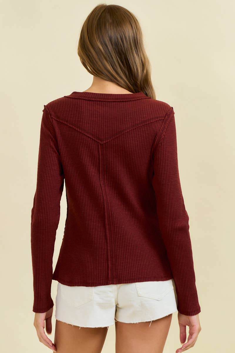 Doe and Rae Western Yoke Ribbed Long-Sleeve Tee — Cinnamon or Acorn Stretch Knit with Exposed Seams - Rooted & Reckless Co.