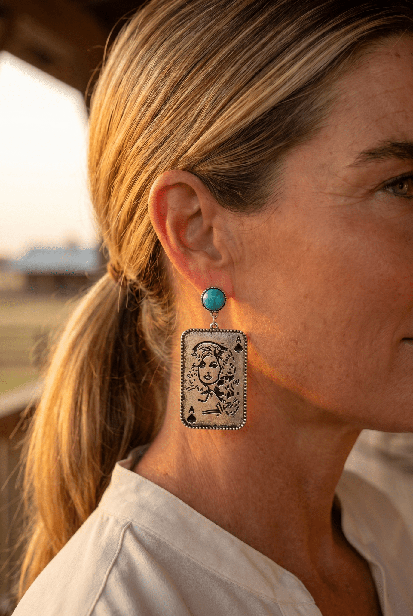 Dolly Card Theme Western Dangle Earrings with Faux Turquoise Stone — 2½" Drop - Rooted & Reckless Co.