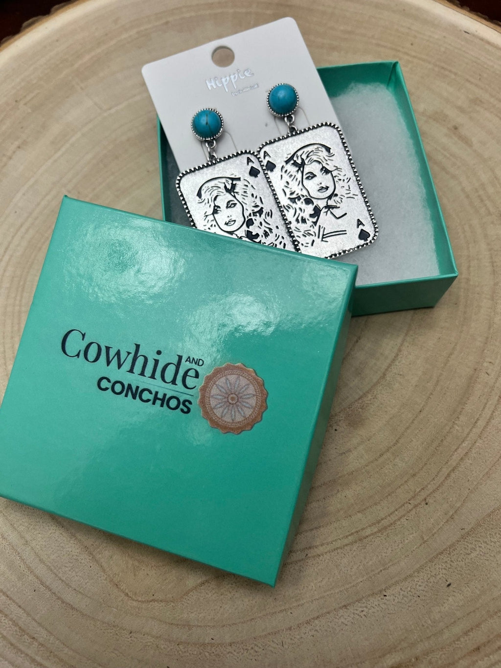 Dolly Card Theme Western Dangle Earrings with Faux Turquoise Stone — 2½" Drop - Rooted & Reckless Co.