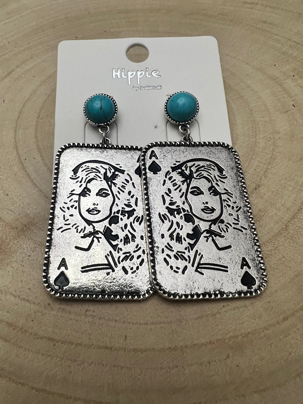 Dolly Card Theme Western Dangle Earrings with Faux Turquoise Stone — 2½" Drop - Rooted & Reckless Co.
