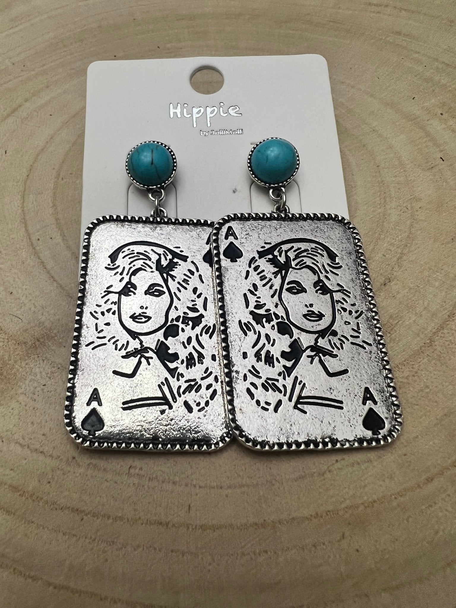 Dolly Card Theme Western Dangle Earrings with Faux Turquoise Stone — 2½" Drop - Rooted & Reckless Co.