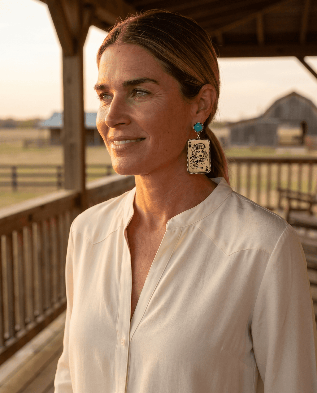 Dolly Card Theme Western Dangle Earrings with Faux Turquoise Stone — 2½" Drop - Rooted & Reckless Co.