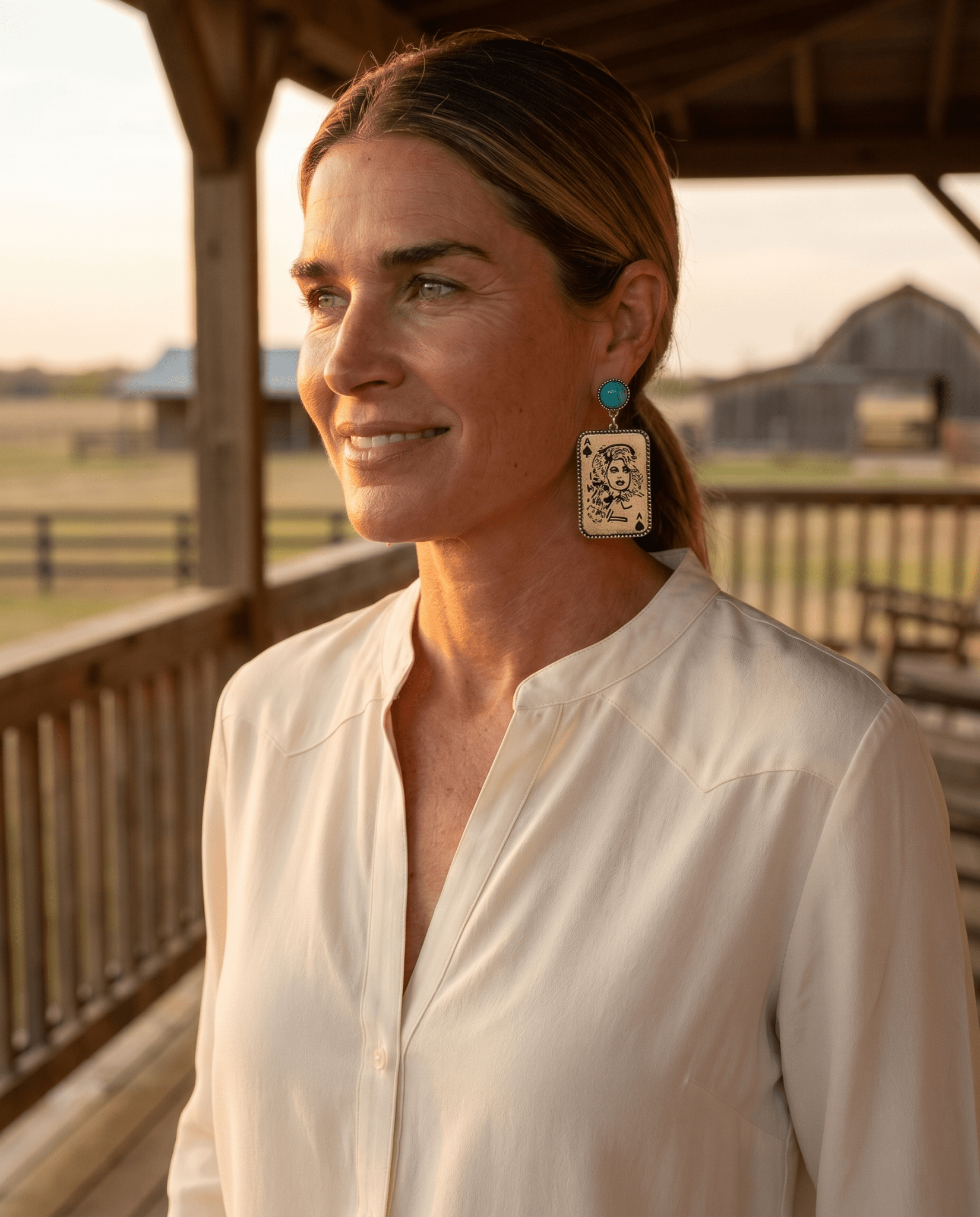 Dolly Card Theme Western Dangle Earrings with Faux Turquoise Stone — 2½" Drop - Rooted & Reckless Co.