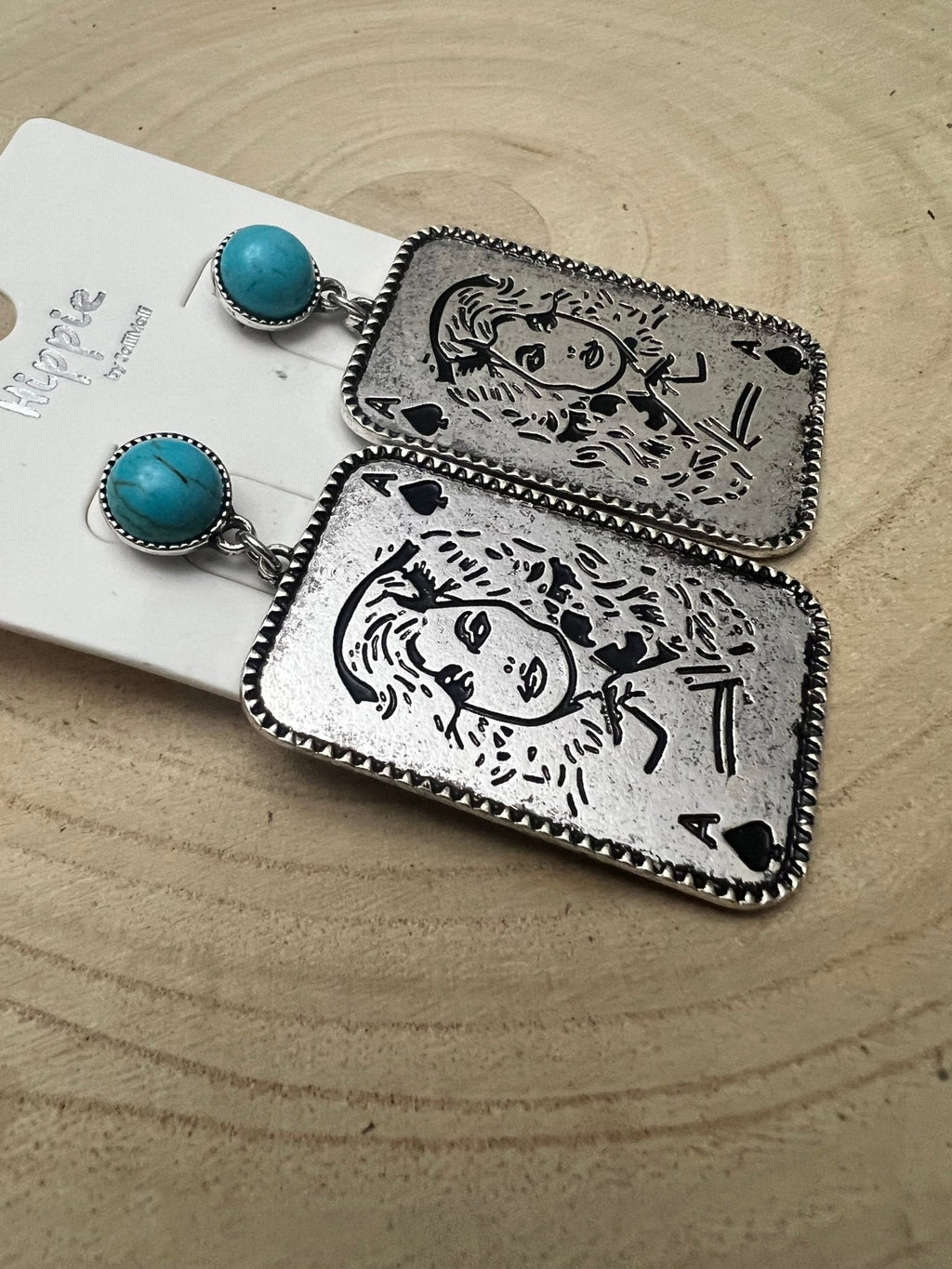 Dolly Card Theme Western Dangle Earrings with Faux Turquoise Stone — 2½" Drop - Rooted & Reckless Co.