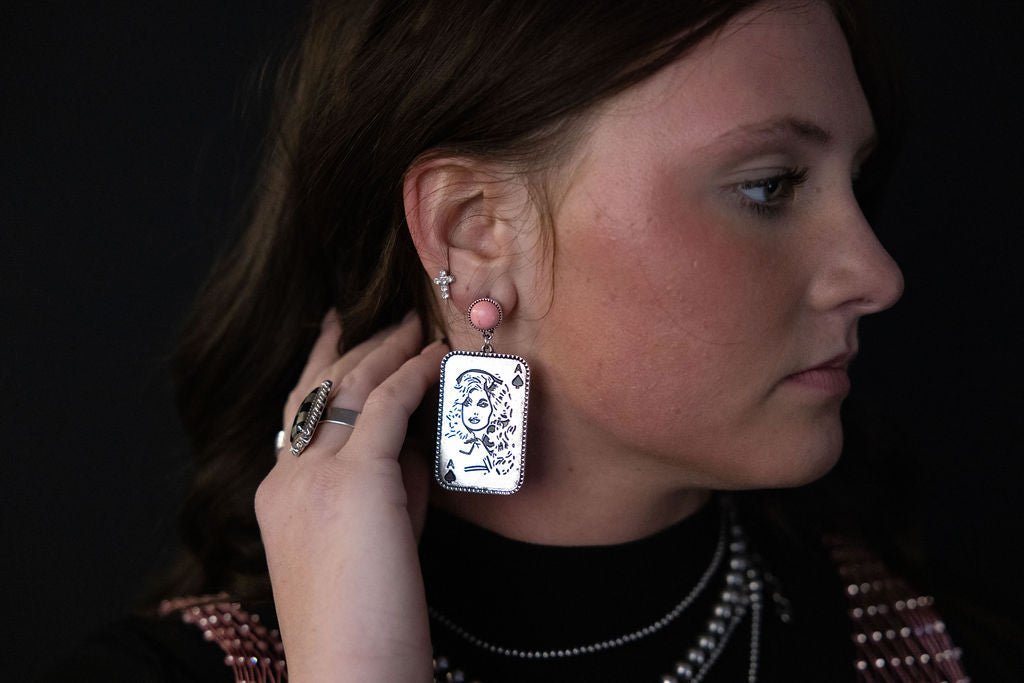 Dolly Card Theme Western Dangle Earrings with Pink Stone — 2½" Drop - Rooted & Reckless Co.