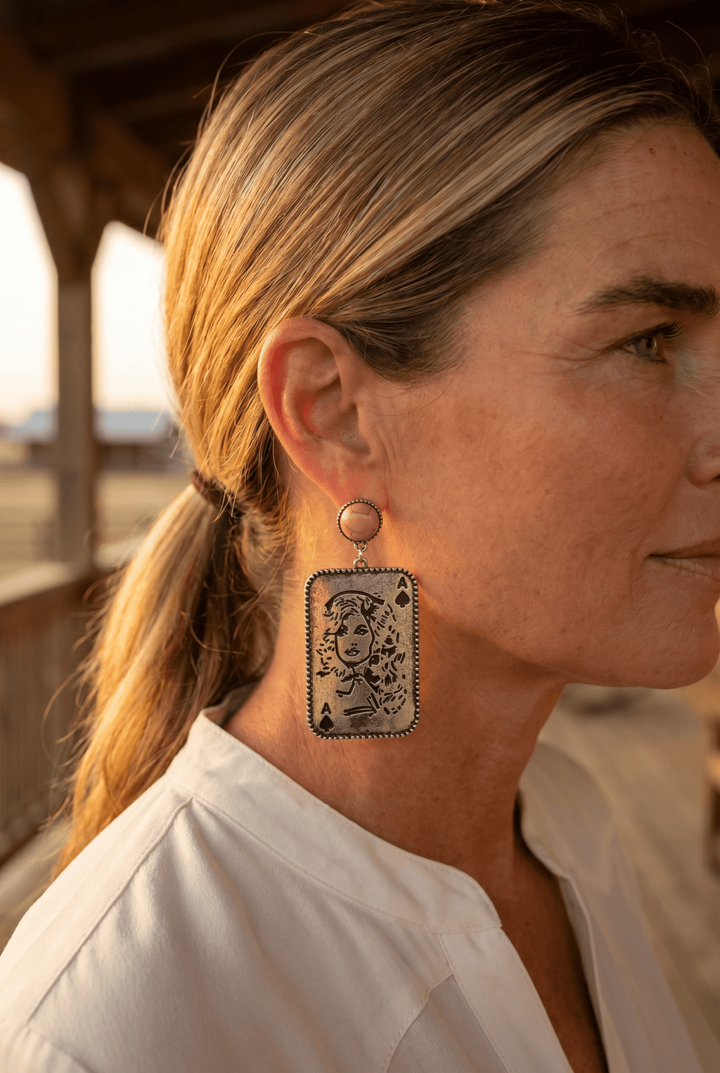 Dolly Card Theme Western Dangle Earrings with Pink Stone — 2½" Drop - Rooted & Reckless Co.