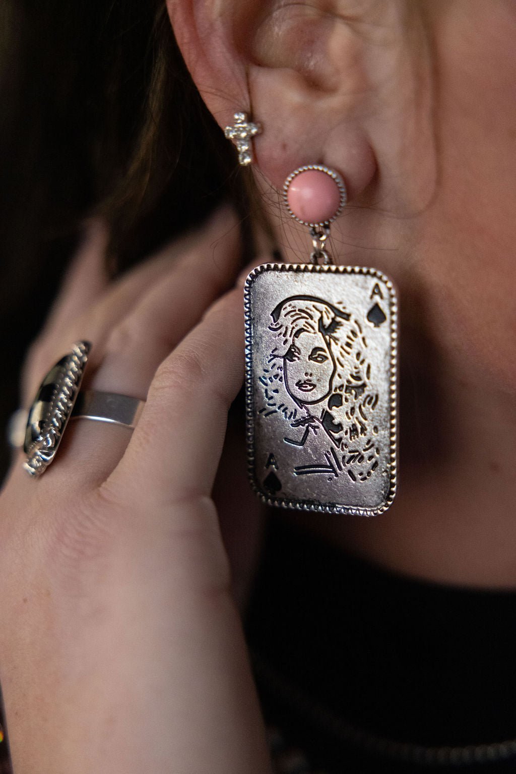 Dolly Card Theme Western Dangle Earrings with Pink Stone — 2½" Drop - Rooted & Reckless Co.