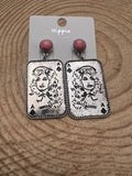 Dolly Card Theme Western Dangle Earrings with Pink Stone — 2½" Drop - Rooted & Reckless Co.