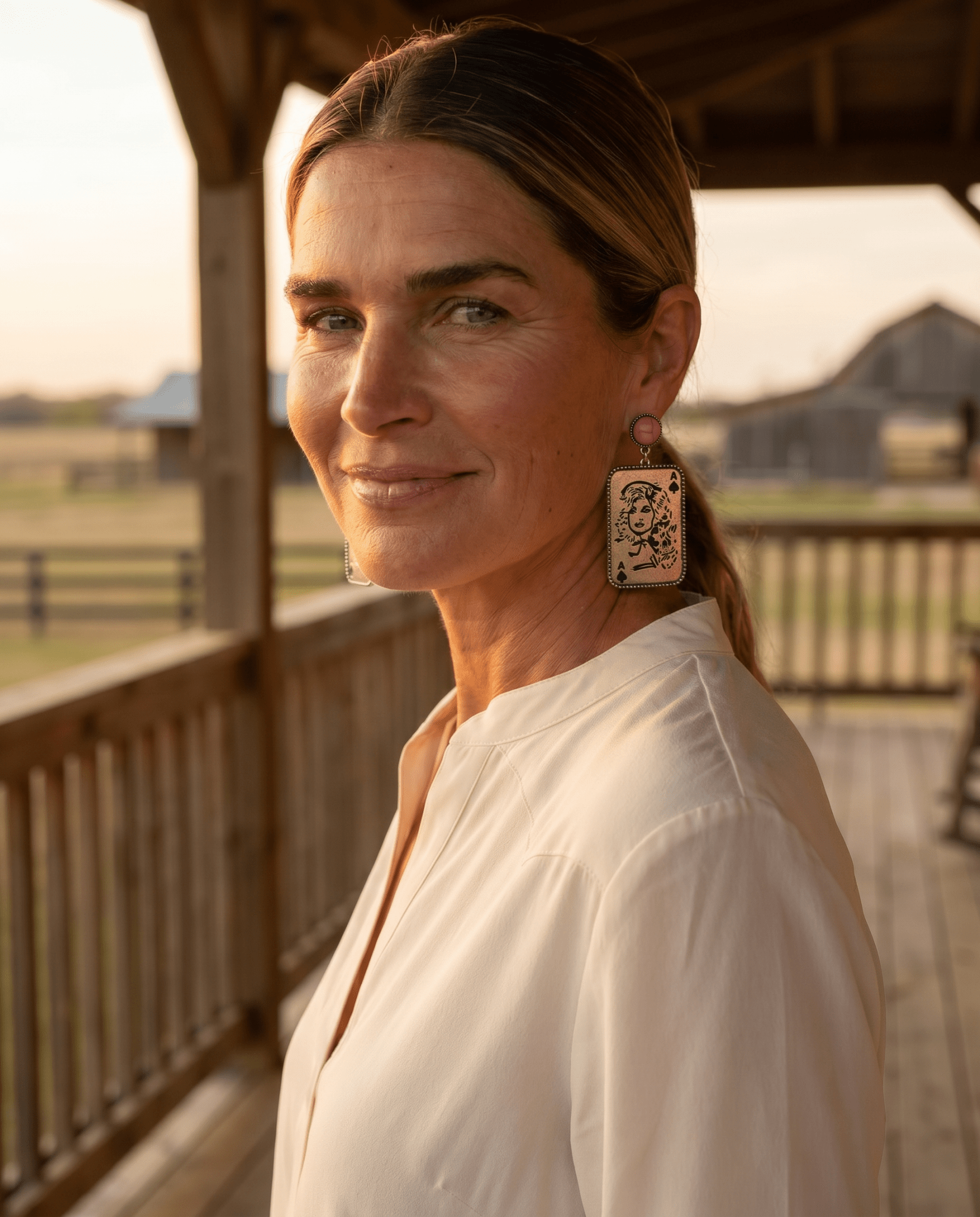 Dolly Card Theme Western Dangle Earrings with Pink Stone — 2½" Drop - Rooted & Reckless Co.