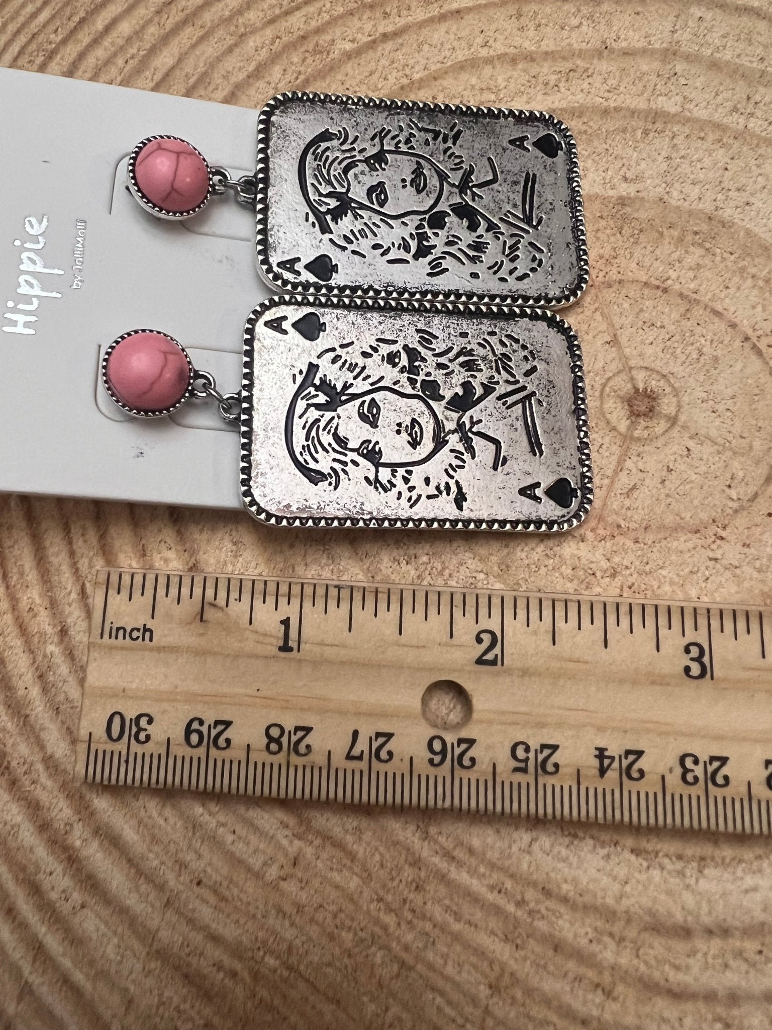 Dolly Card Theme Western Dangle Earrings with Pink Stone — 2½" Drop - Rooted & Reckless Co.
