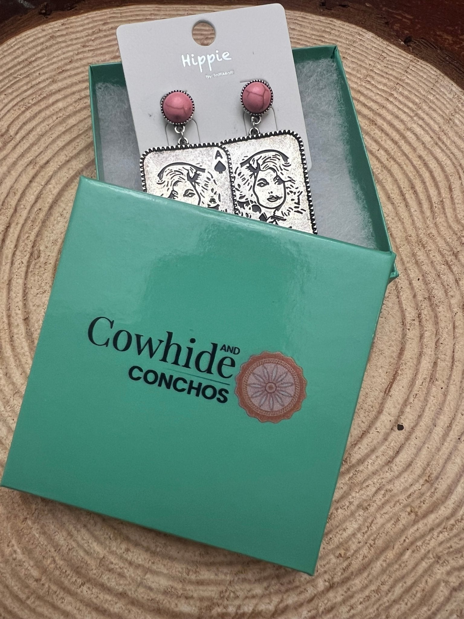 Dolly Card Theme Western Dangle Earrings with Pink Stone — 2½" Drop - Rooted & Reckless Co.