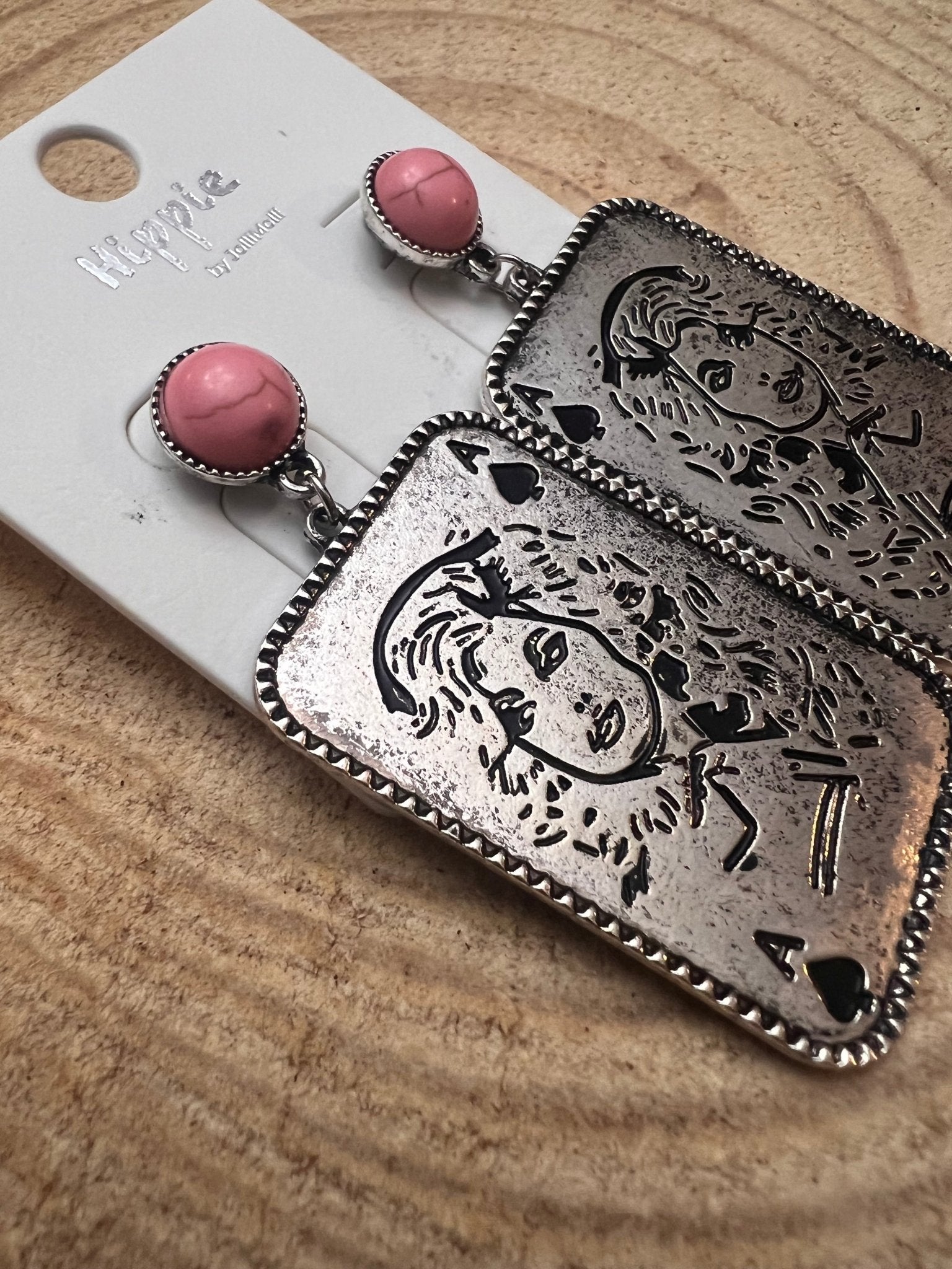 Dolly Card Theme Western Dangle Earrings with Pink Stone — 2½" Drop - Rooted & Reckless Co.