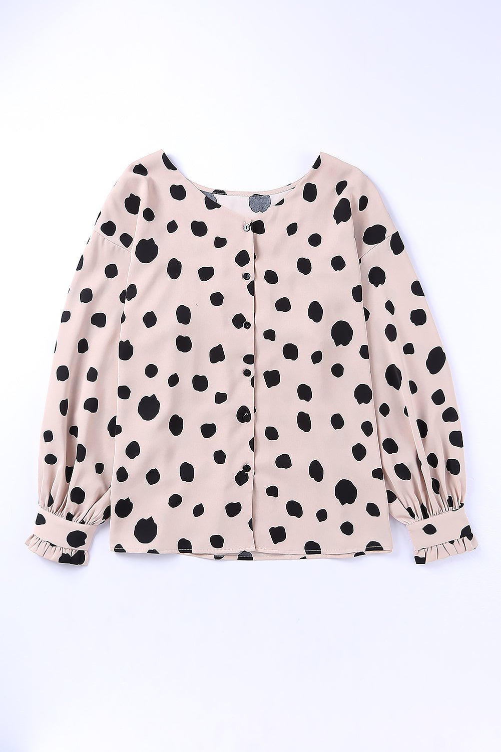 Dotted Buttoned V-Neck Frilled Puff Sleeve Blouse - Rooted & Reckless Co.
