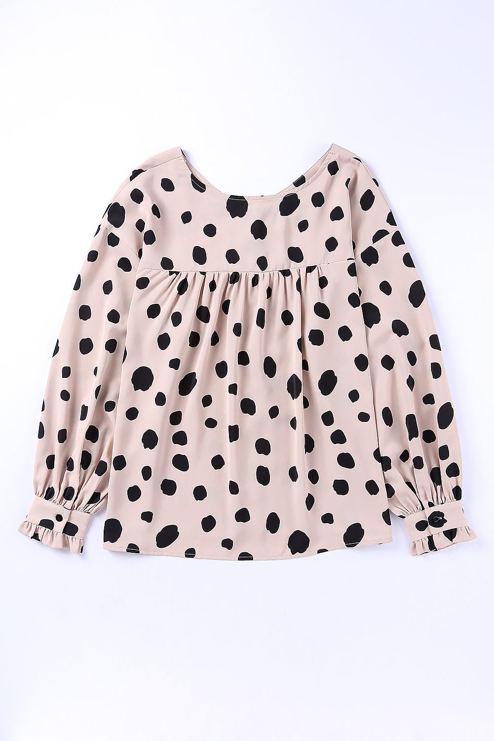 Dotted Buttoned V-Neck Frilled Puff Sleeve Blouse - Rooted & Reckless Co.