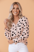 Dotted Buttoned V-Neck Frilled Puff Sleeve Blouse - Rooted & Reckless Co.