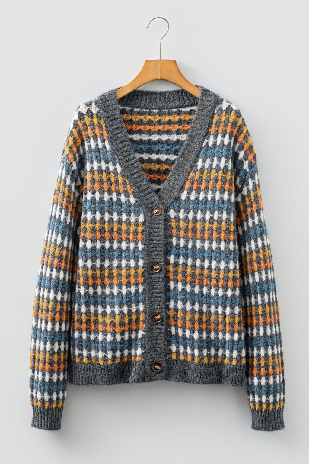 Dotted Diamond Knit Button-Up V-Neck Sweater Cardigan - Rooted & Reckless Co.