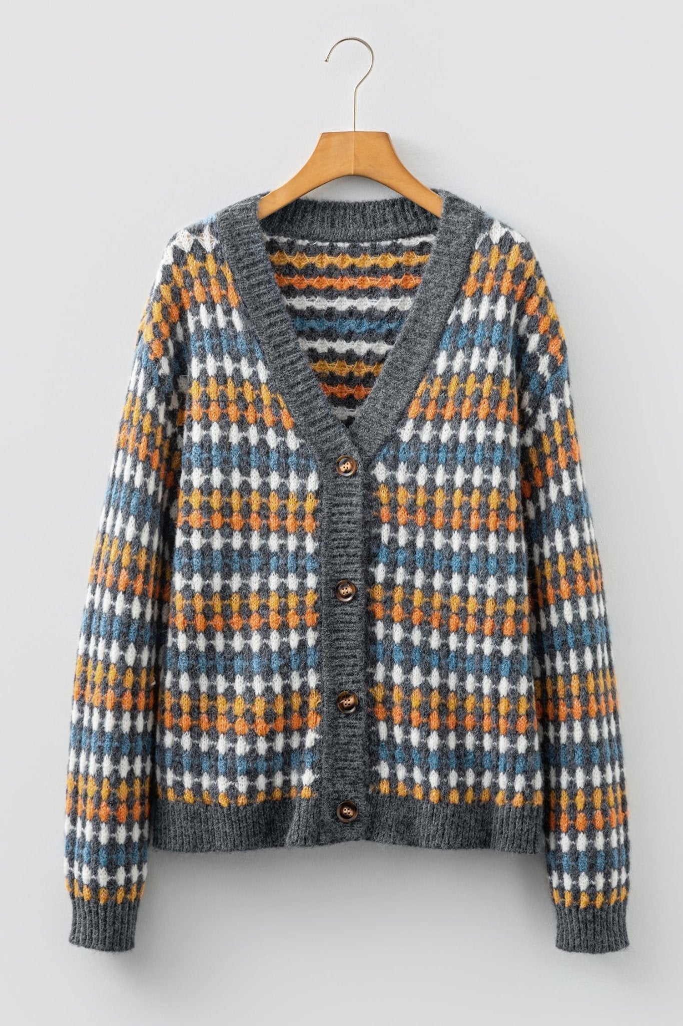 Dotted Diamond Knit Button-Up V-Neck Sweater Cardigan - Rooted & Reckless Co.