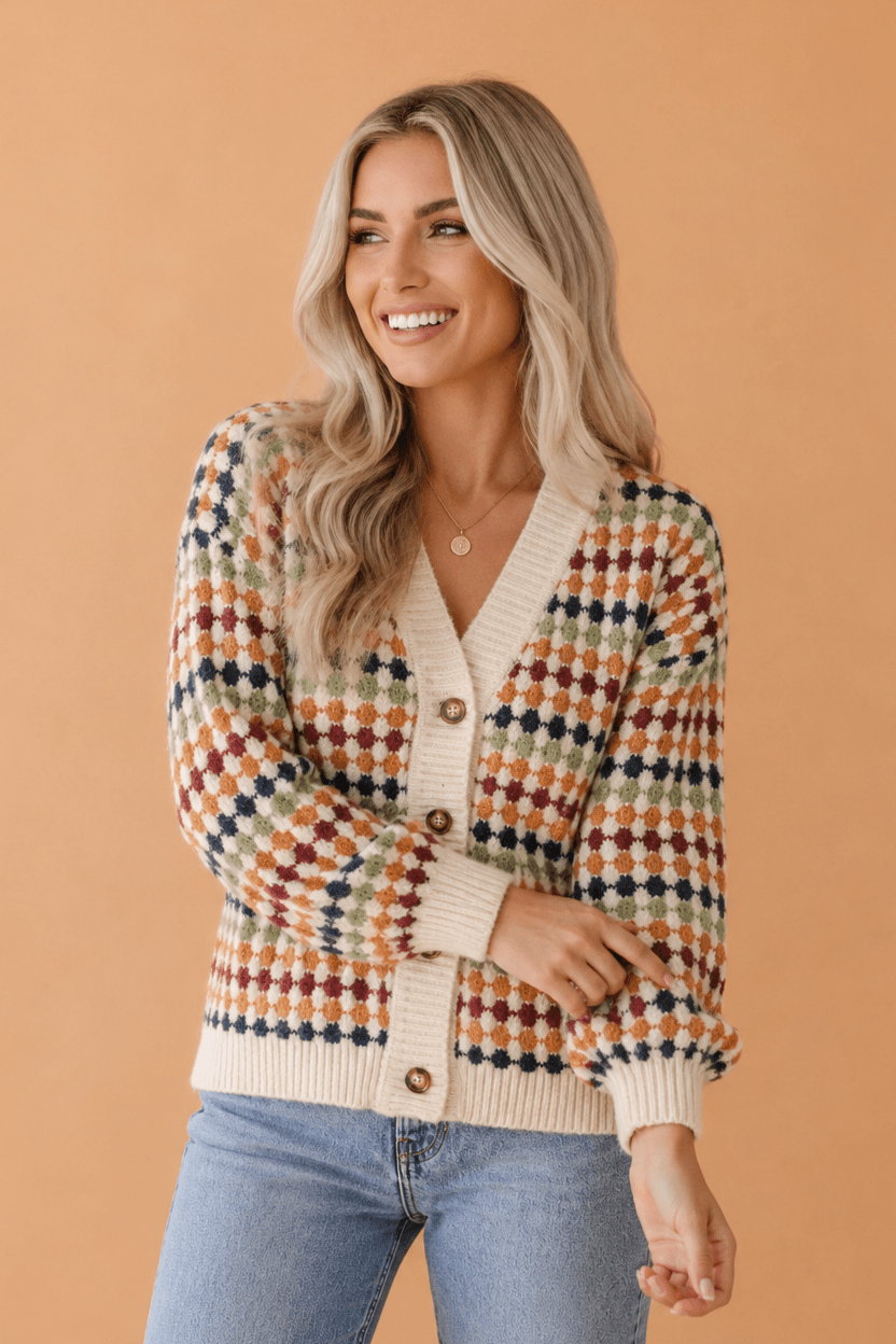 Dotted Diamond Knit Button-Up V-Neck Sweater Cardigan - Rooted & Reckless Co.