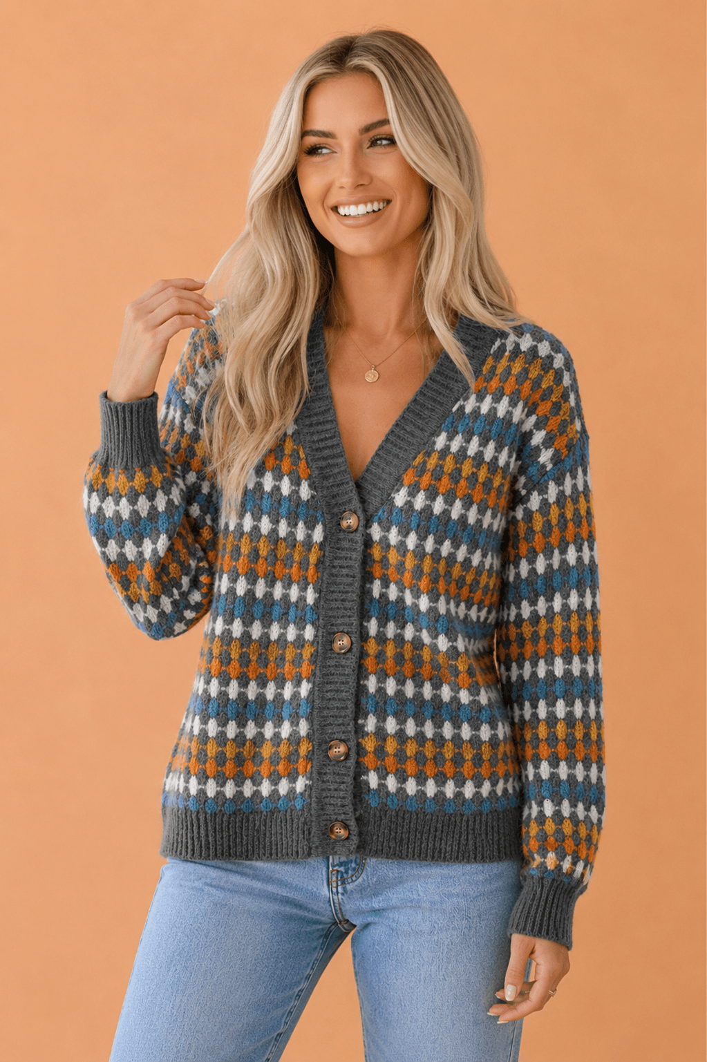 Dotted Diamond Knit Button-Up V-Neck Sweater Cardigan - Rooted & Reckless Co.