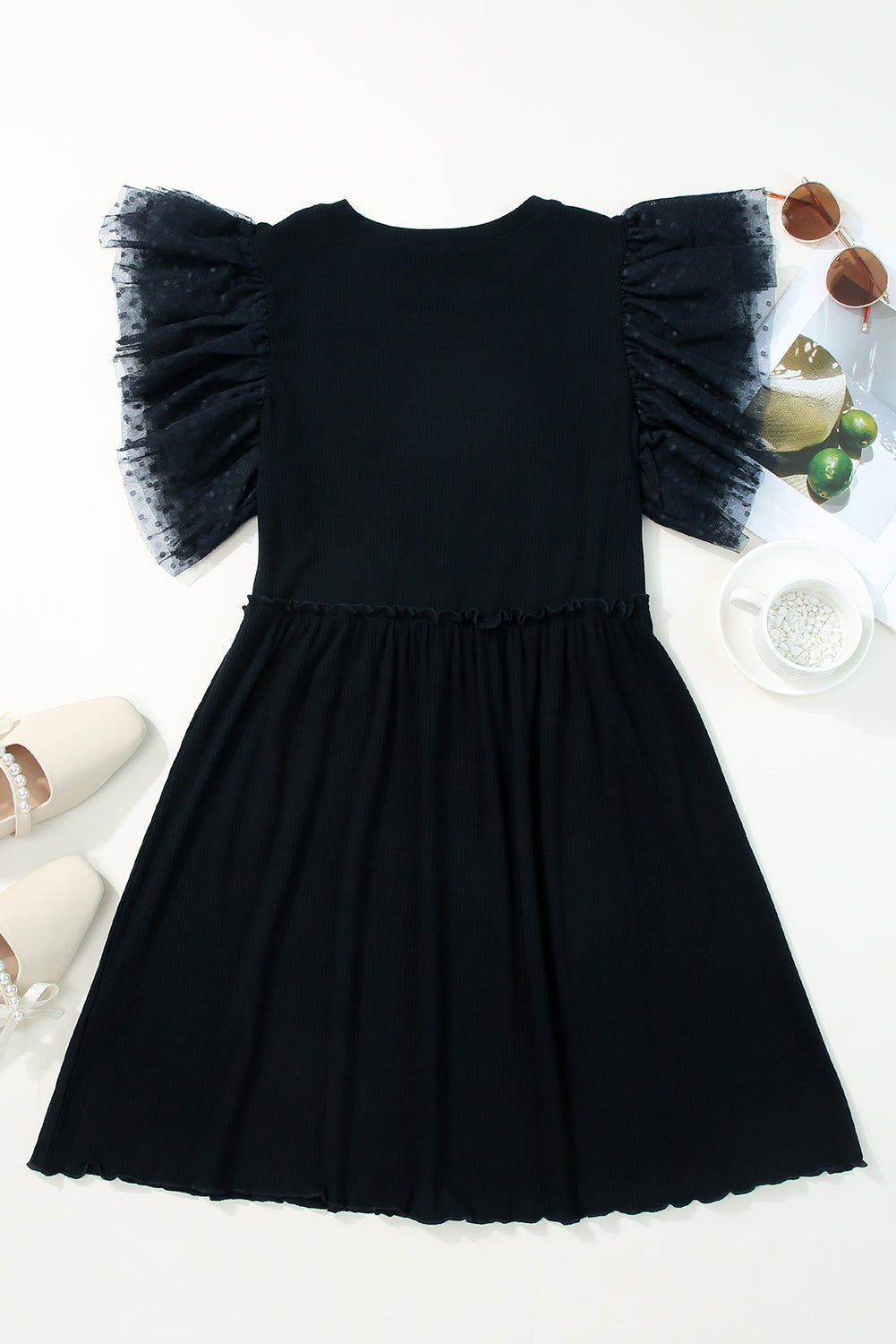 Dotted Mesh Ruffle Sleeve Ribbed Babydoll Dress - Rooted & Reckless Co.