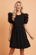Dotted Mesh Ruffle Sleeve Ribbed Babydoll Dress - Rooted & Reckless Co.
