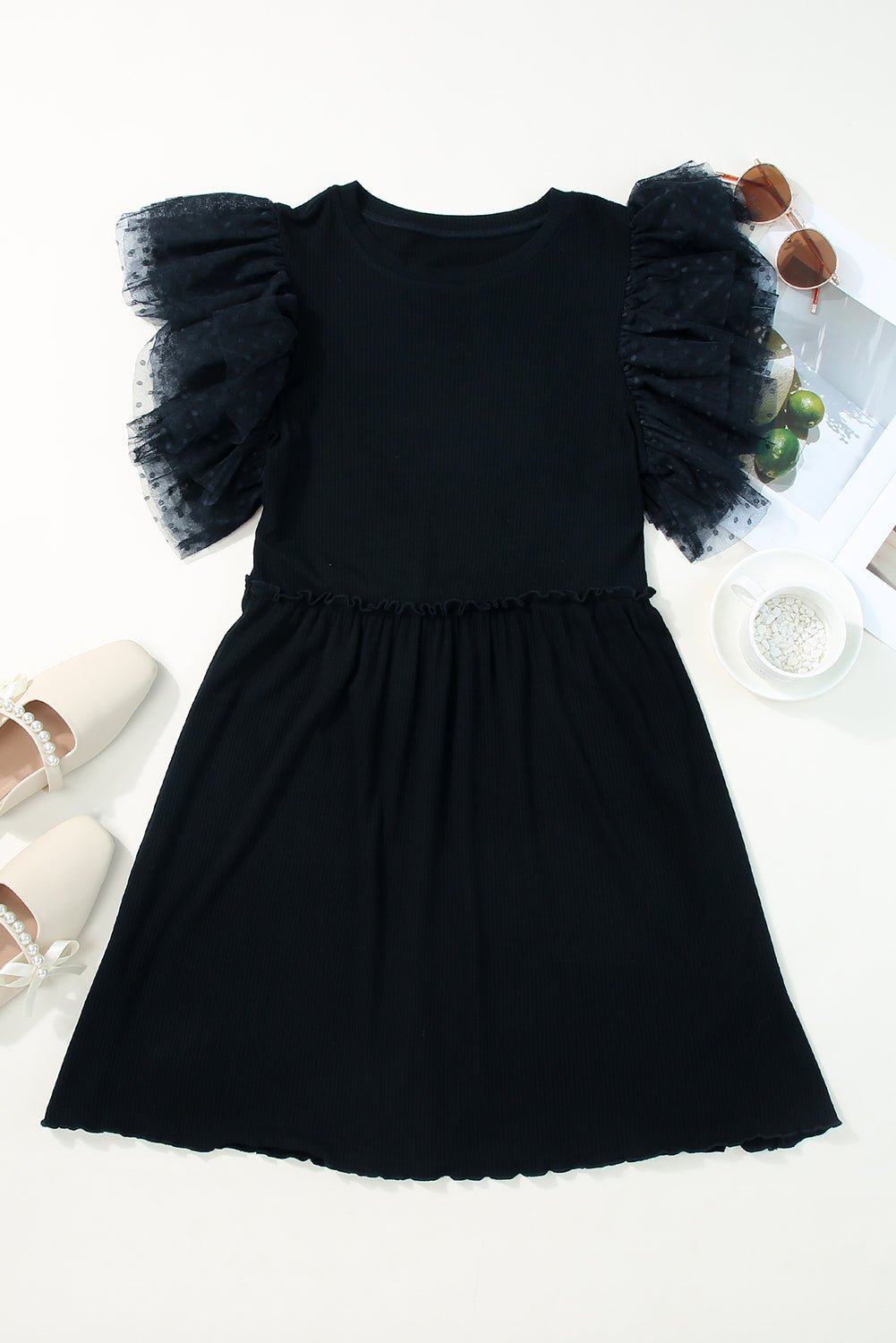 Dotted Mesh Ruffle Sleeve Ribbed Babydoll Dress - Rooted & Reckless Co.