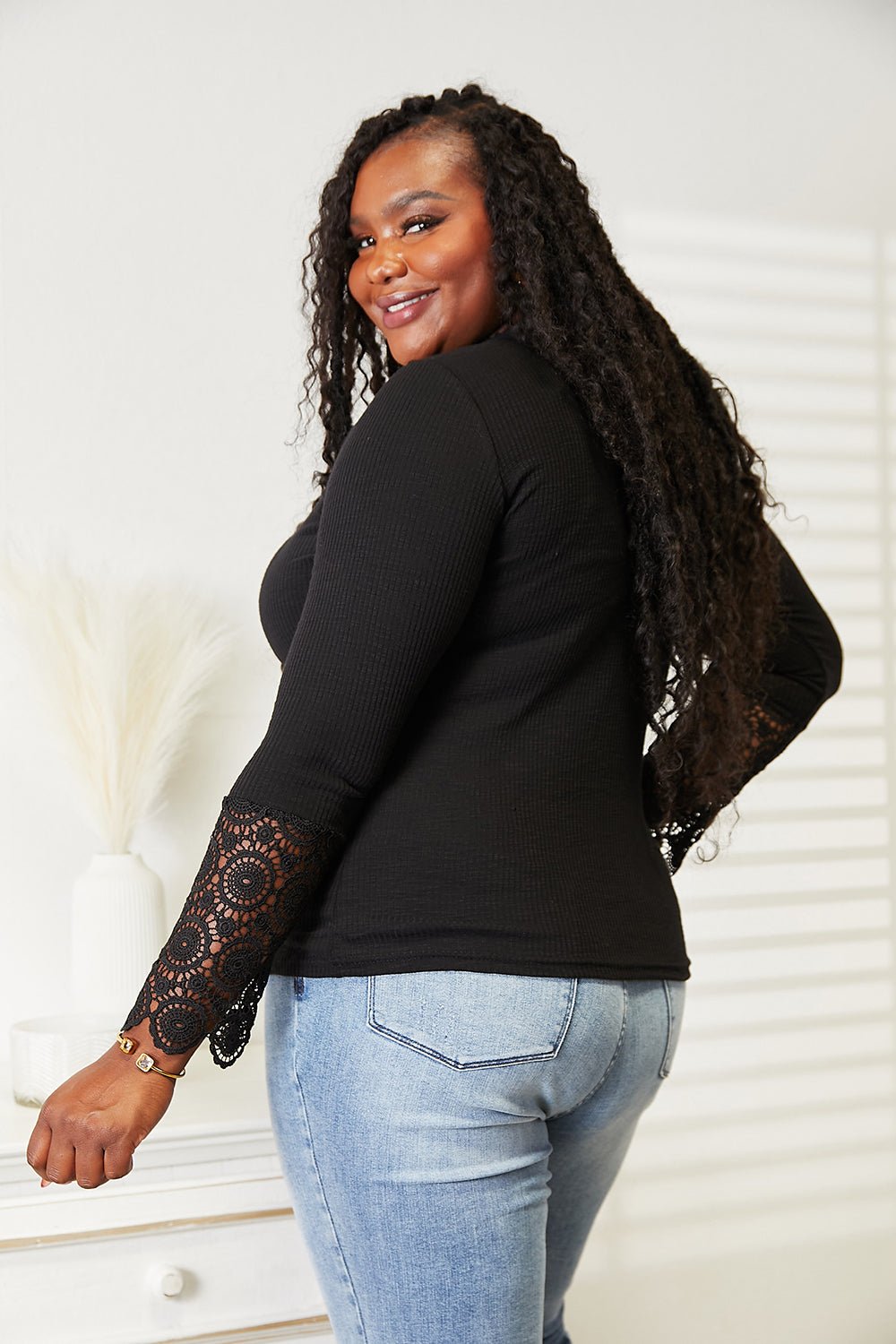 Double Take Crochet Lace Hem Sleeve Button Top - Rooted & Reckless Co.