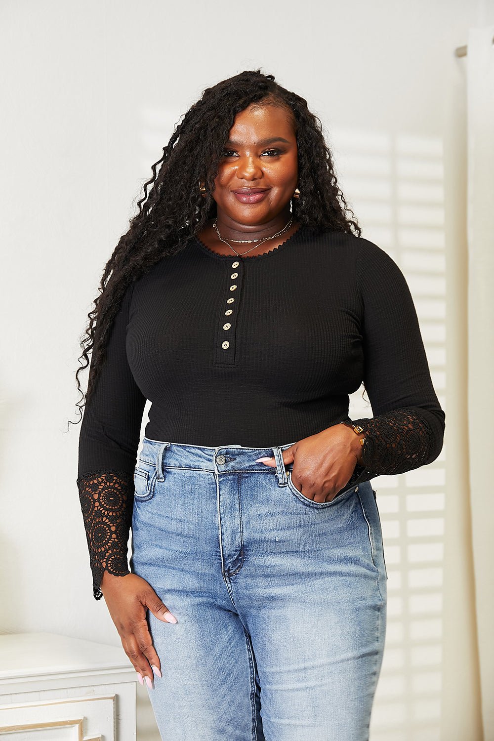 Double Take Crochet Lace Hem Sleeve Button Top - Rooted & Reckless Co.