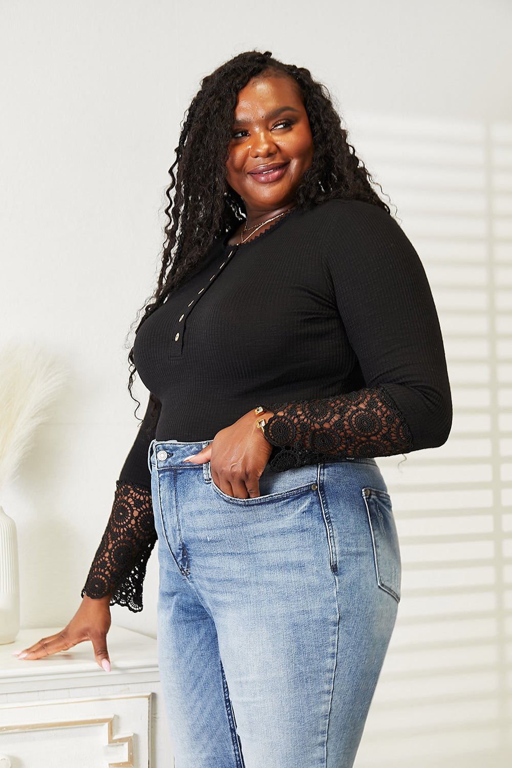Double Take Crochet Lace Hem Sleeve Button Top - Rooted & Reckless Co.
