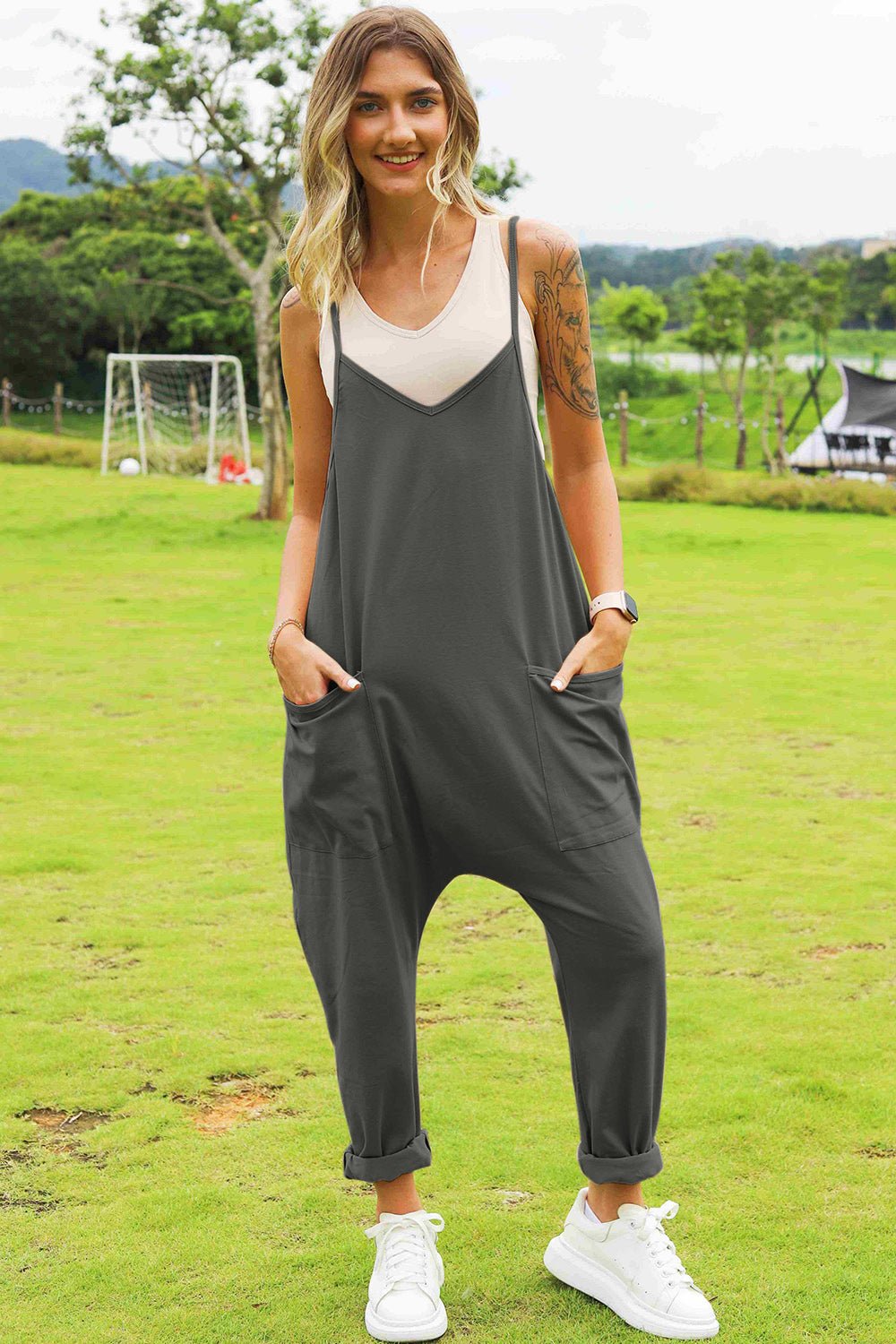 Double Take Full Size Sleeveless V-Neck Pocketed Jumpsuit - Rooted & Reckless Co.