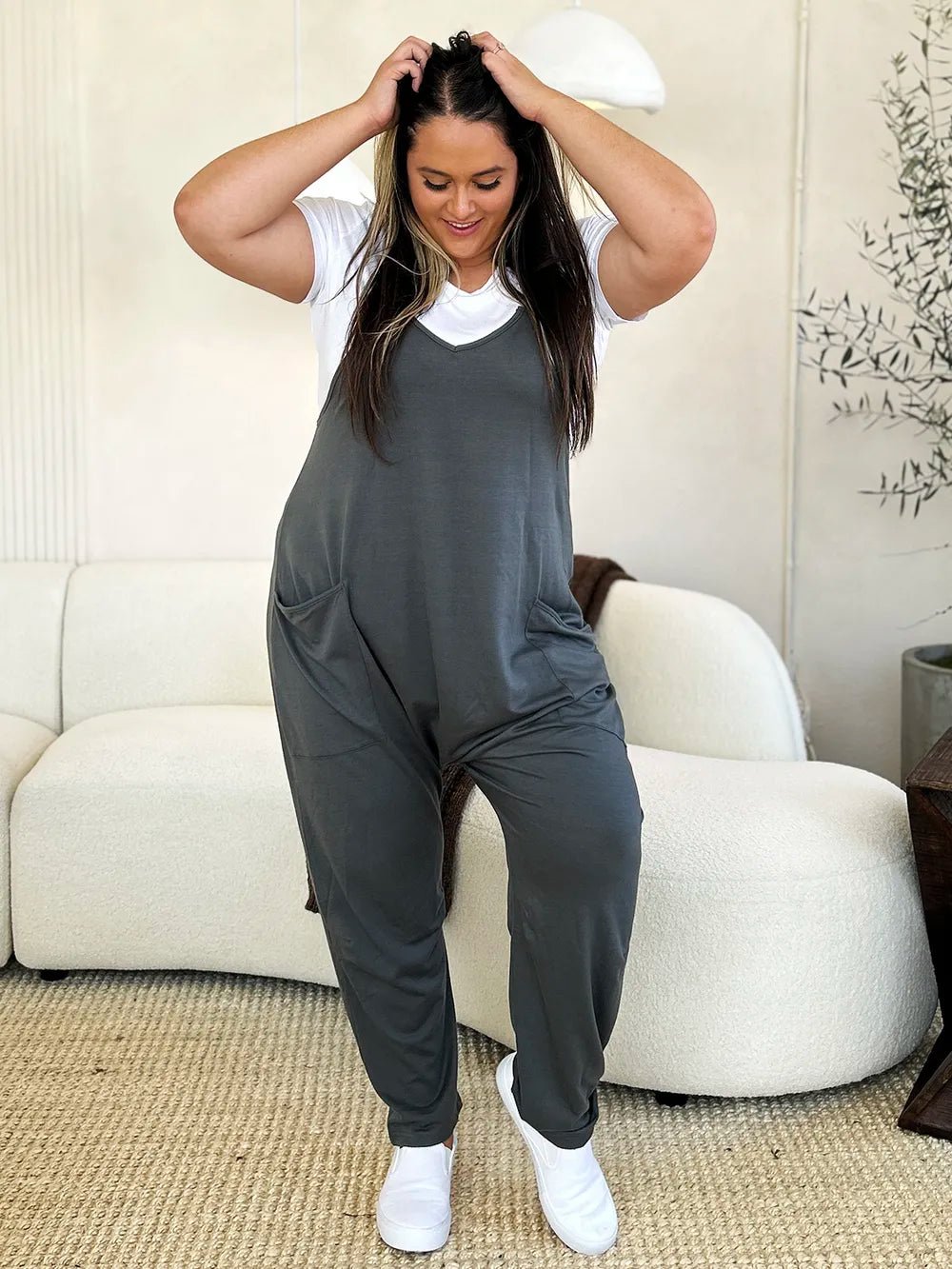 Double Take Full Size Sleeveless V-Neck Pocketed Jumpsuit - Rooted & Reckless Co.