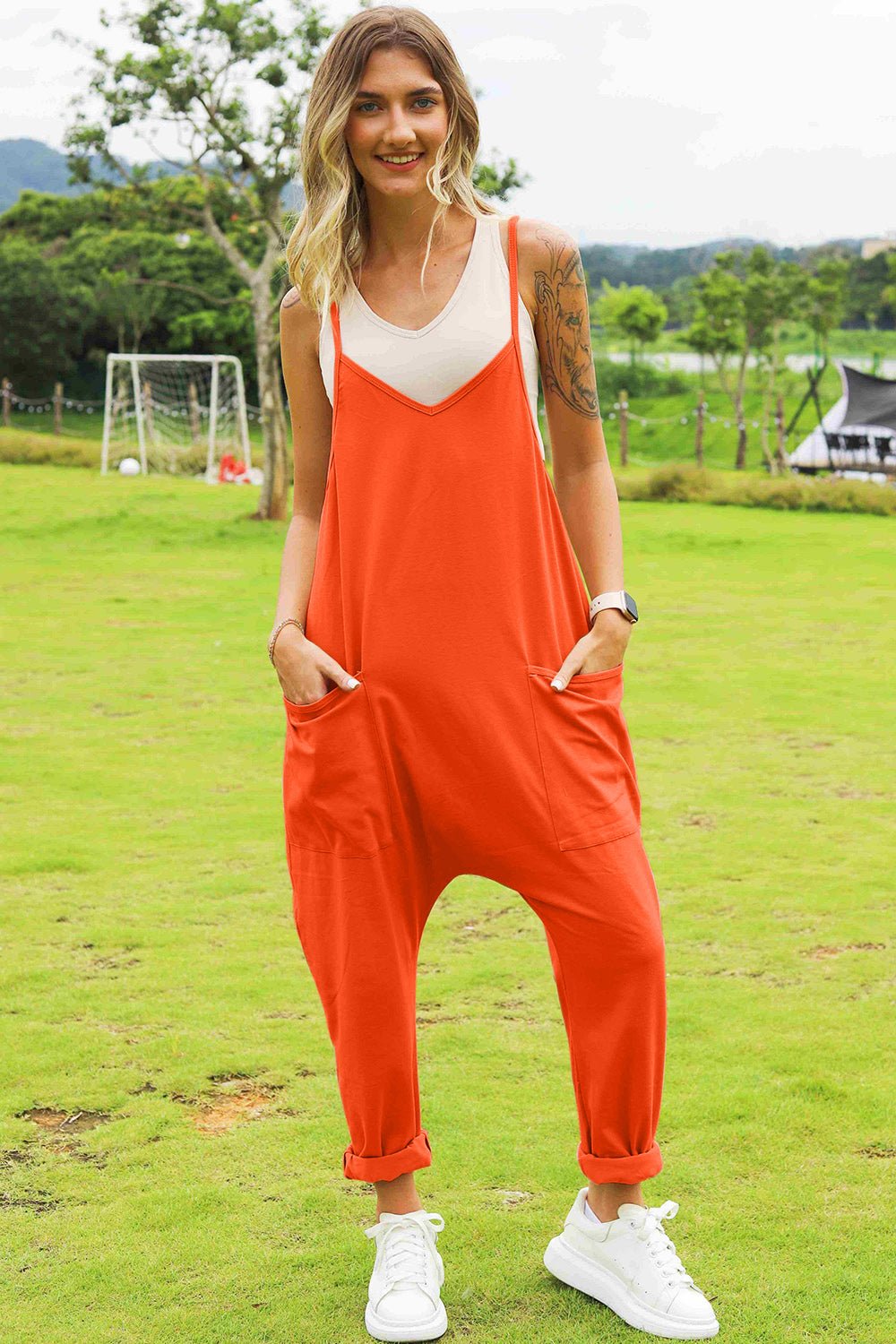 Double Take Full Size Sleeveless V-Neck Pocketed Jumpsuit - Rooted & Reckless Co.
