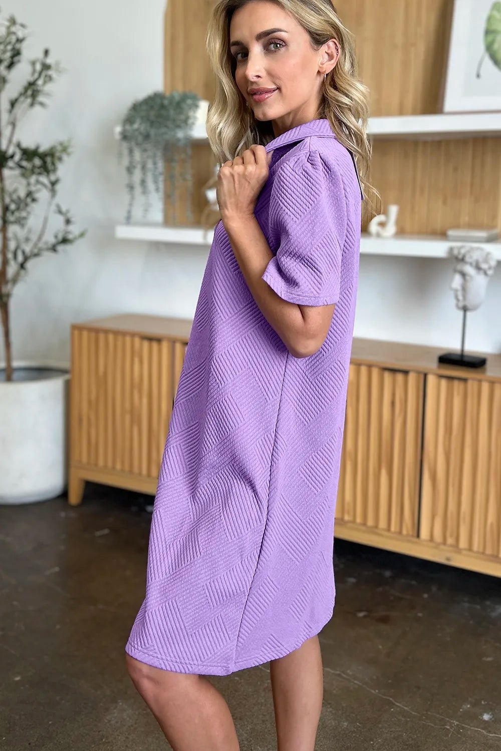 Double Take Full Size Texture Collared Neck Short Sleeve Dress - Rooted & Reckless Co.