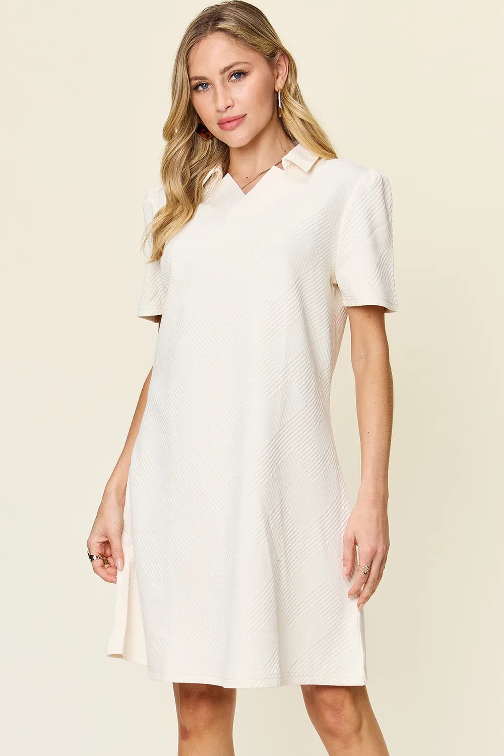 Double Take Full Size Texture Collared Neck Short Sleeve Dress - Rooted & Reckless Co.