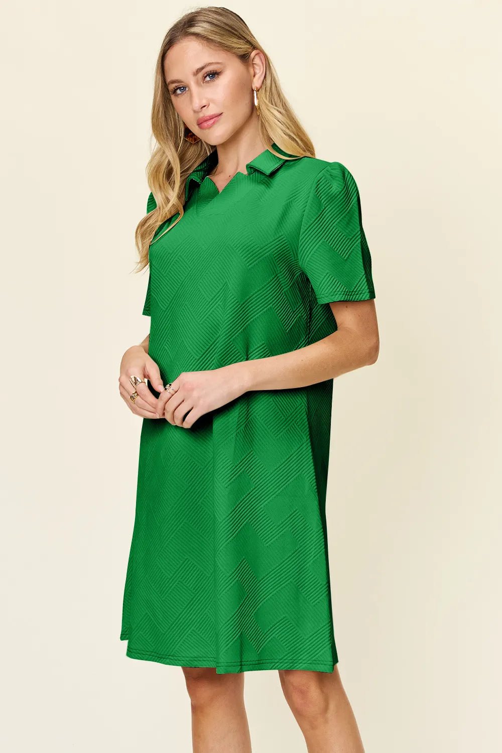 Double Take Full Size Texture Collared Neck Short Sleeve Dress - Rooted & Reckless Co.